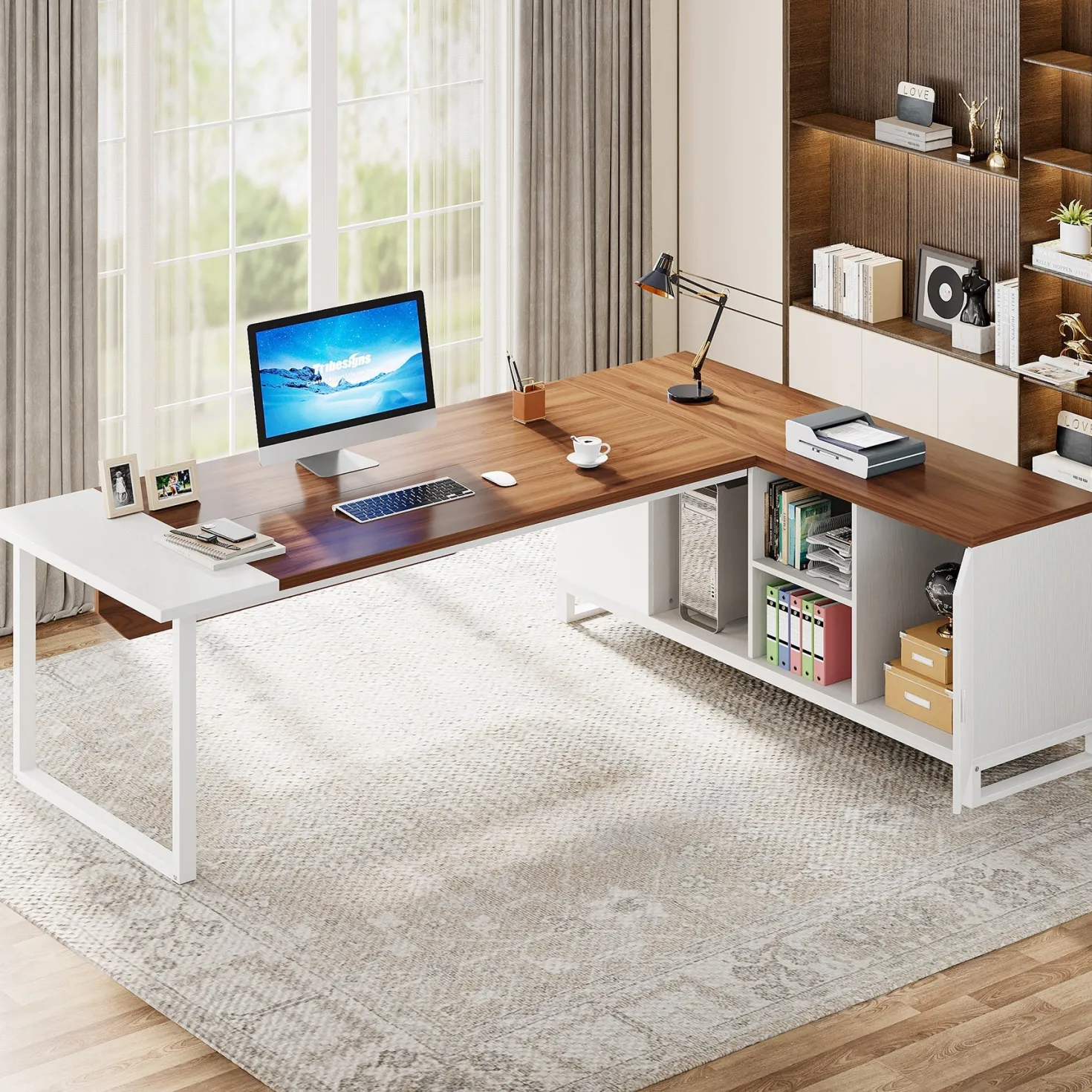 Large L-Shaped Desk, 70.87" Executive Desk with 55" File Cabinet
