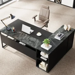 Large L-Shaped Desk, 71 inch Executive Desk with Shelves & Cabinet