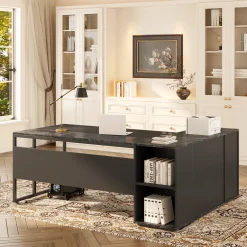 Large L-Shaped Desk, 71 inch Executive Desk with Shelves & Cabinet
