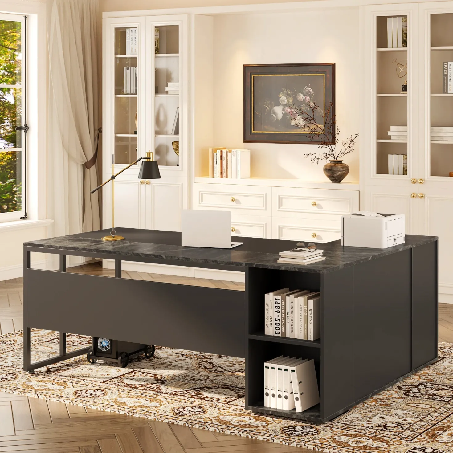 Large L-Shaped Desk, 71 inch Executive Desk with Shelves & Cabinet