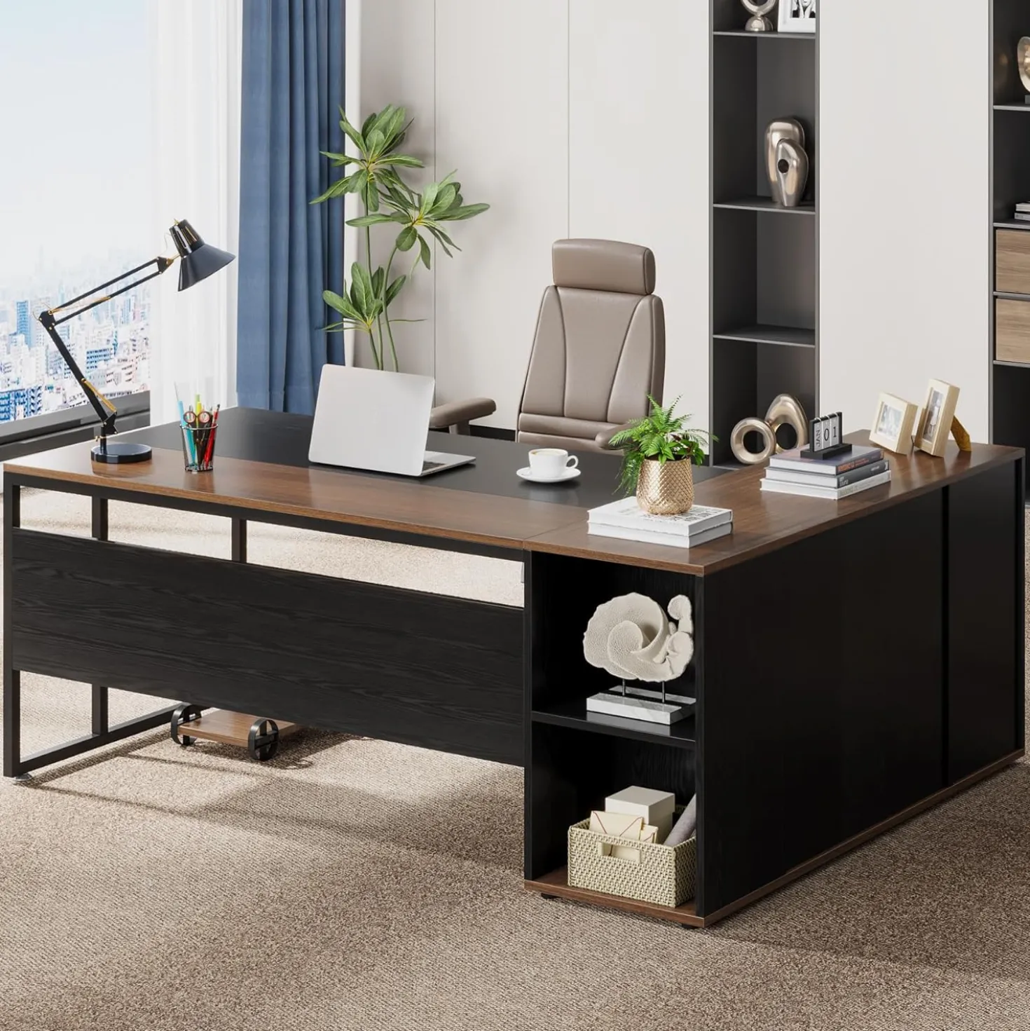 Large L-Shaped Desk, 71 inch Executive Desk with Shelves & Cabinet