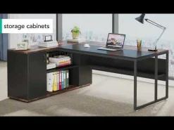 Large L-Shaped Desk, 71 inch Executive Desk with Shelves & Cabinet