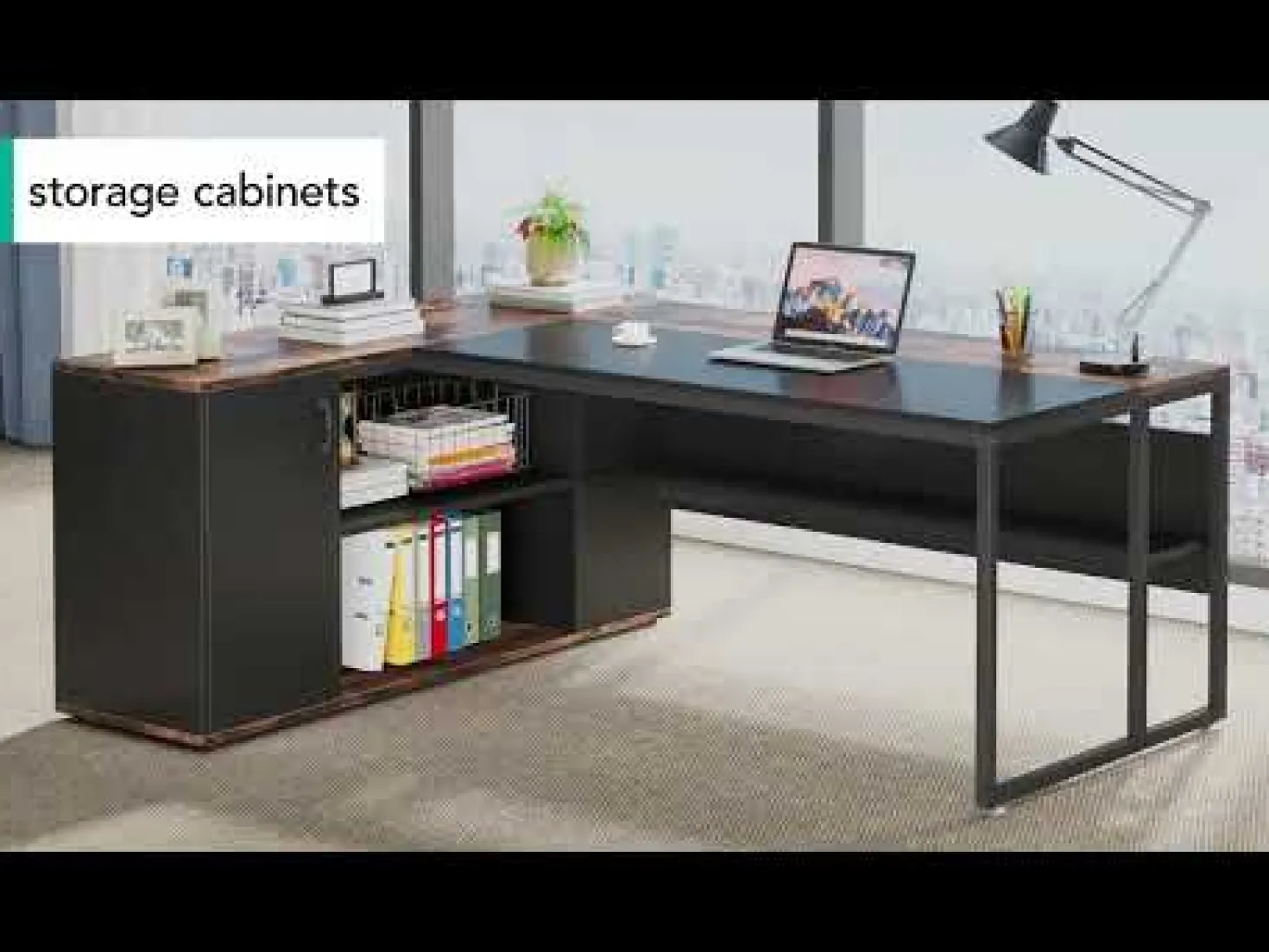 Large L-Shaped Desk, 71 inch Executive Desk with Shelves & Cabinet