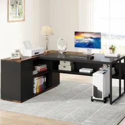 Large L-Shaped Desk, 71 inch Executive Desk with Shelves & Cabinet