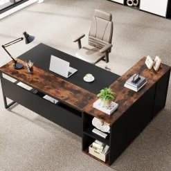 Large L-Shaped Desk, 71 inch Executive Desk with Shelves & Cabinet