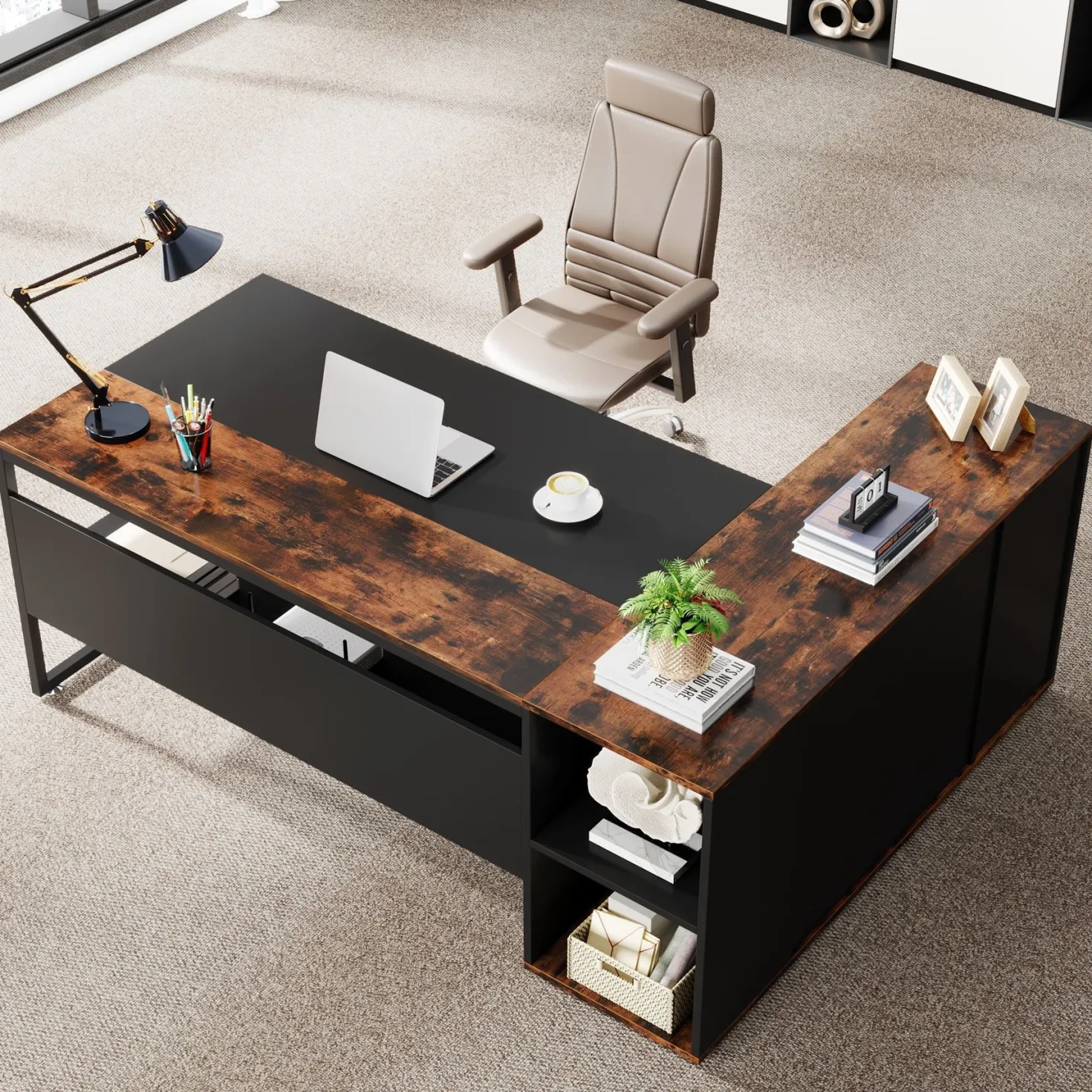 Large L-Shaped Desk, 71 inch Executive Desk with Shelves & Cabinet