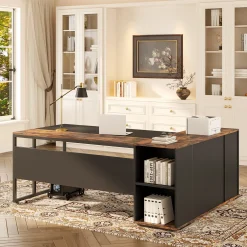 Large L-Shaped Desk, 71 inch Executive Desk with Shelves & Cabinet