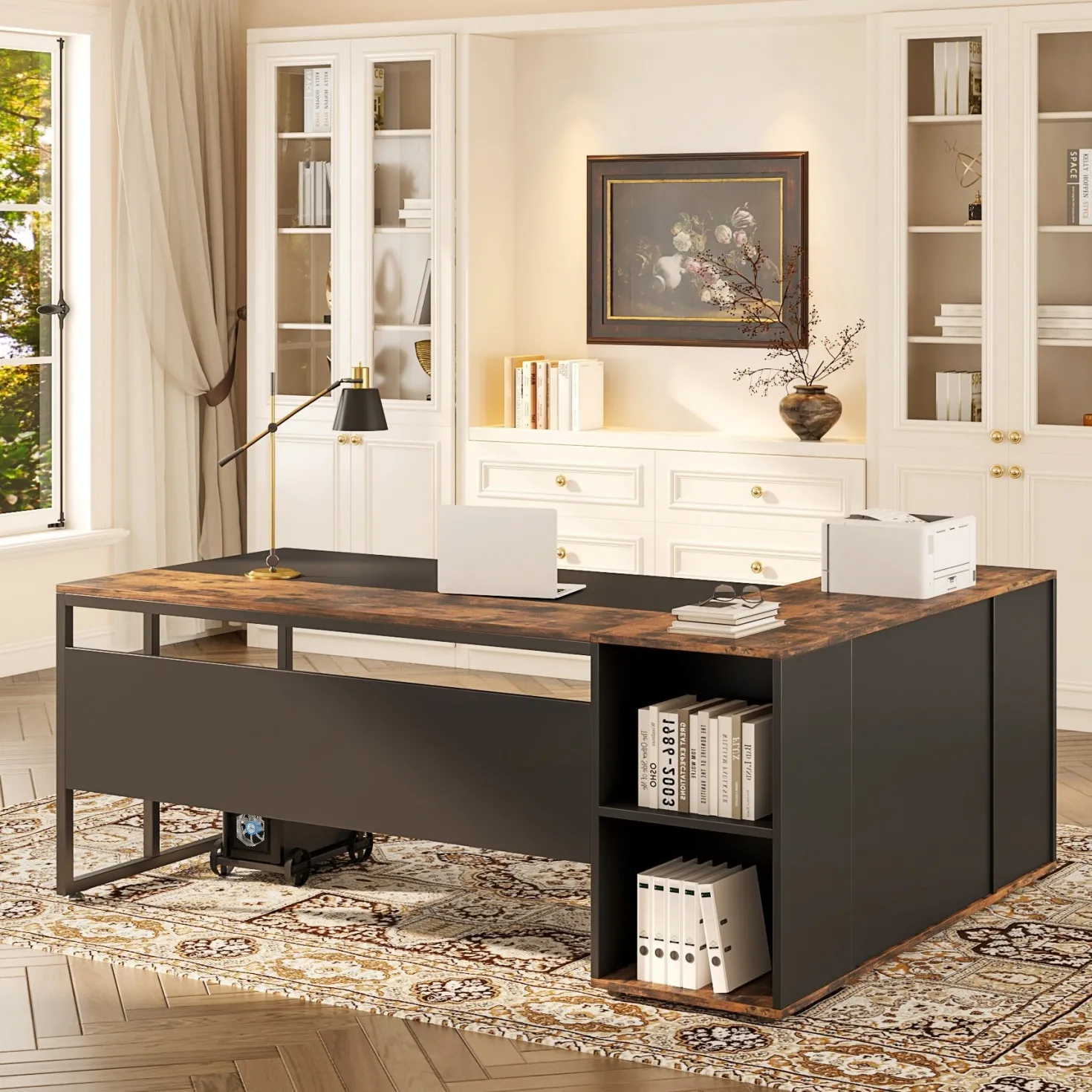 Large L-Shaped Desk, 71 inch Executive Desk with Shelves & Cabinet