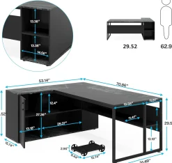 Large L-Shaped Desk, 71 inch Executive Desk with Shelves & Cabinet