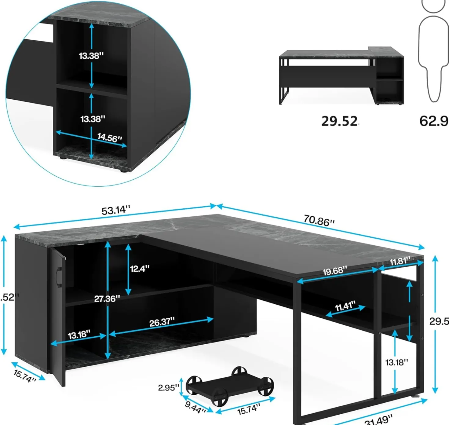 Large L-Shaped Desk, 71 inch Executive Desk with Shelves & Cabinet