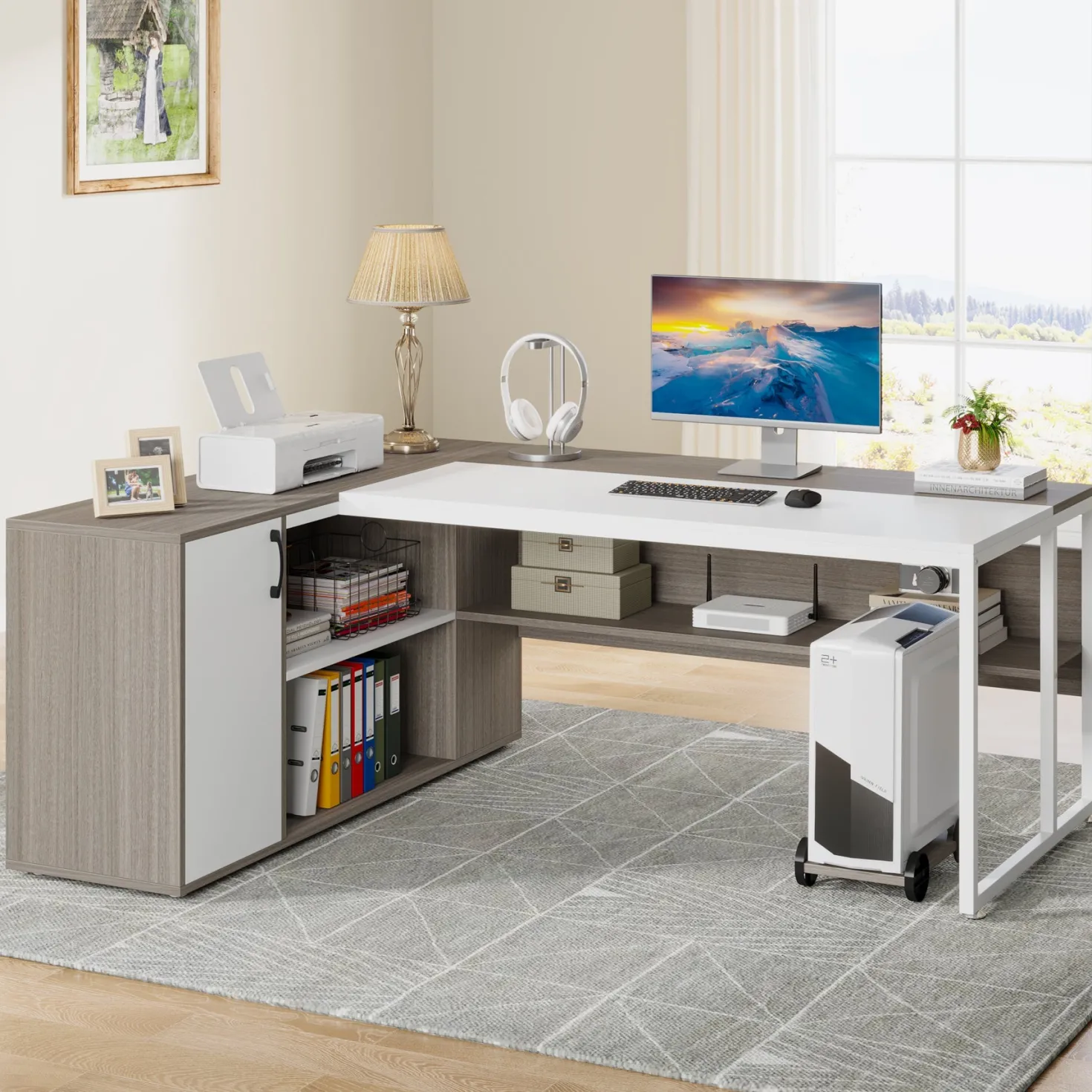 Large L-Shaped Desk, 71 inch Executive Desk with Shelves & Cabinet