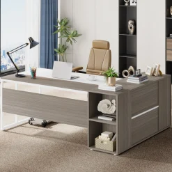 Large L-Shaped Desk, 71 inch Executive Desk with Shelves & Cabinet