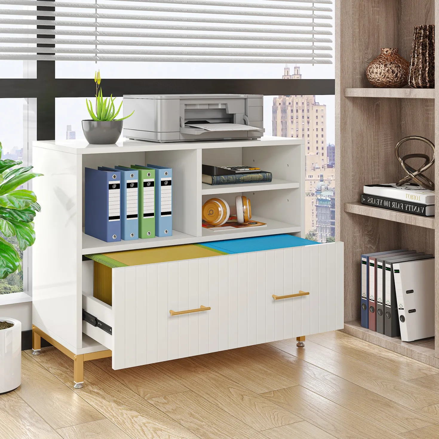 Lateral File Cabinet Printer Stand with Drawer & Open Storage Spaces