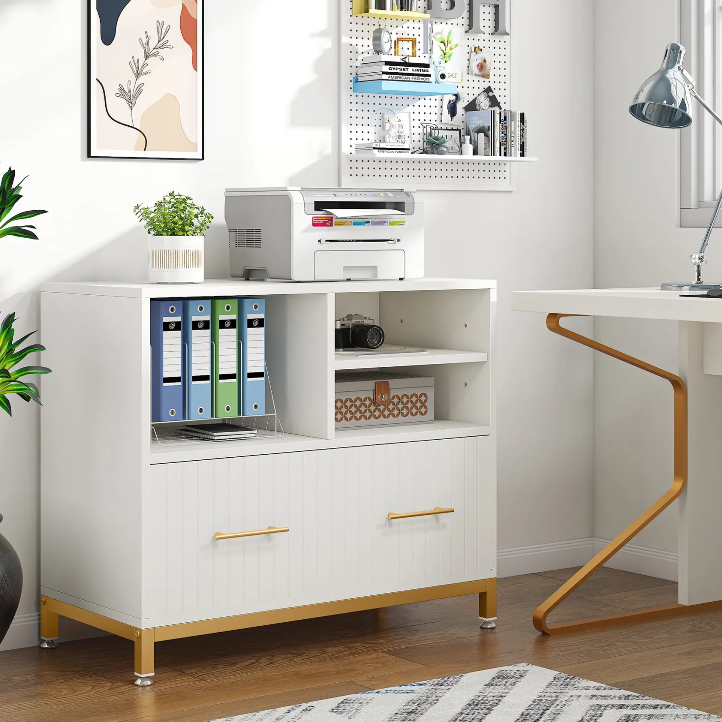 Lateral File Cabinet Printer Stand with Drawer & Open Storage Spaces