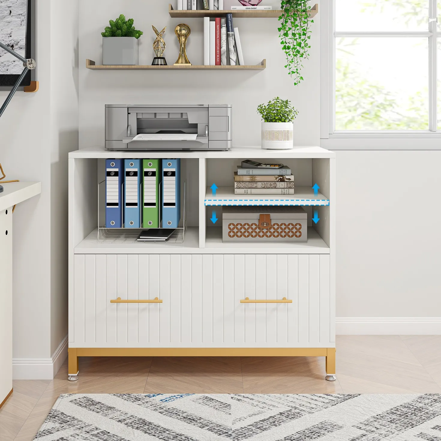 Lateral File Cabinet Printer Stand with Drawer & Open Storage Spaces