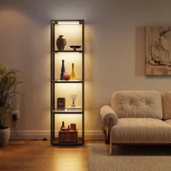 LED Floor Lamp, 4-Tier Bookshelf with Glass Shelves & Light