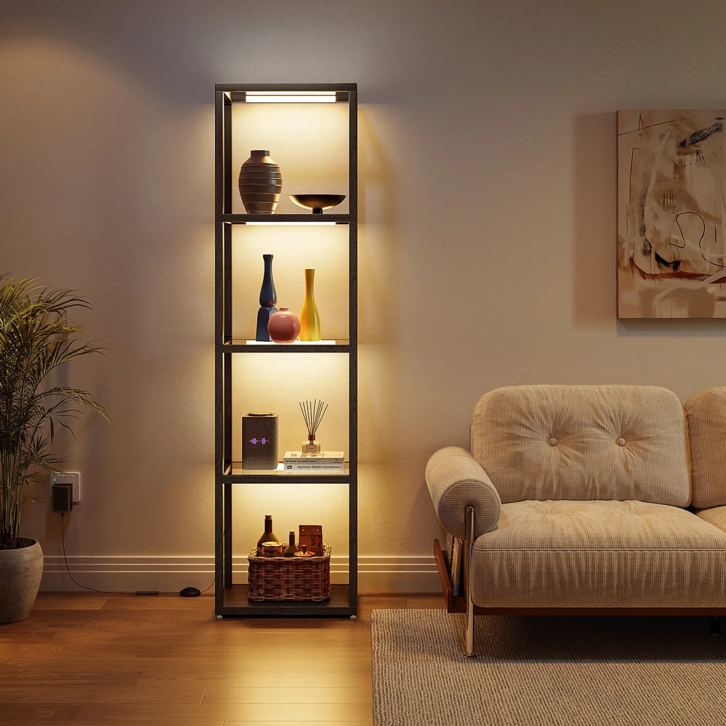 LED Floor Lamp, 4-Tier Bookshelf with Glass Shelves & Light