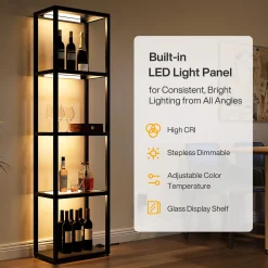 LED Floor Lamp, 4-Tier Bookshelf with Glass Shelves & Light