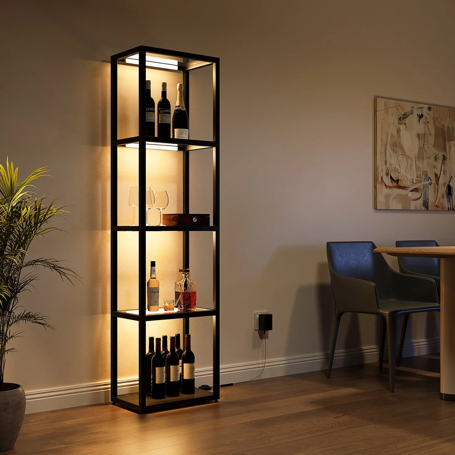 LED Floor Lamp, 4-Tier Bookshelf with Glass Shelves & Light