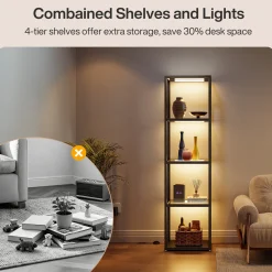 LED Floor Lamp, 4-Tier Bookshelf with Glass Shelves & Light