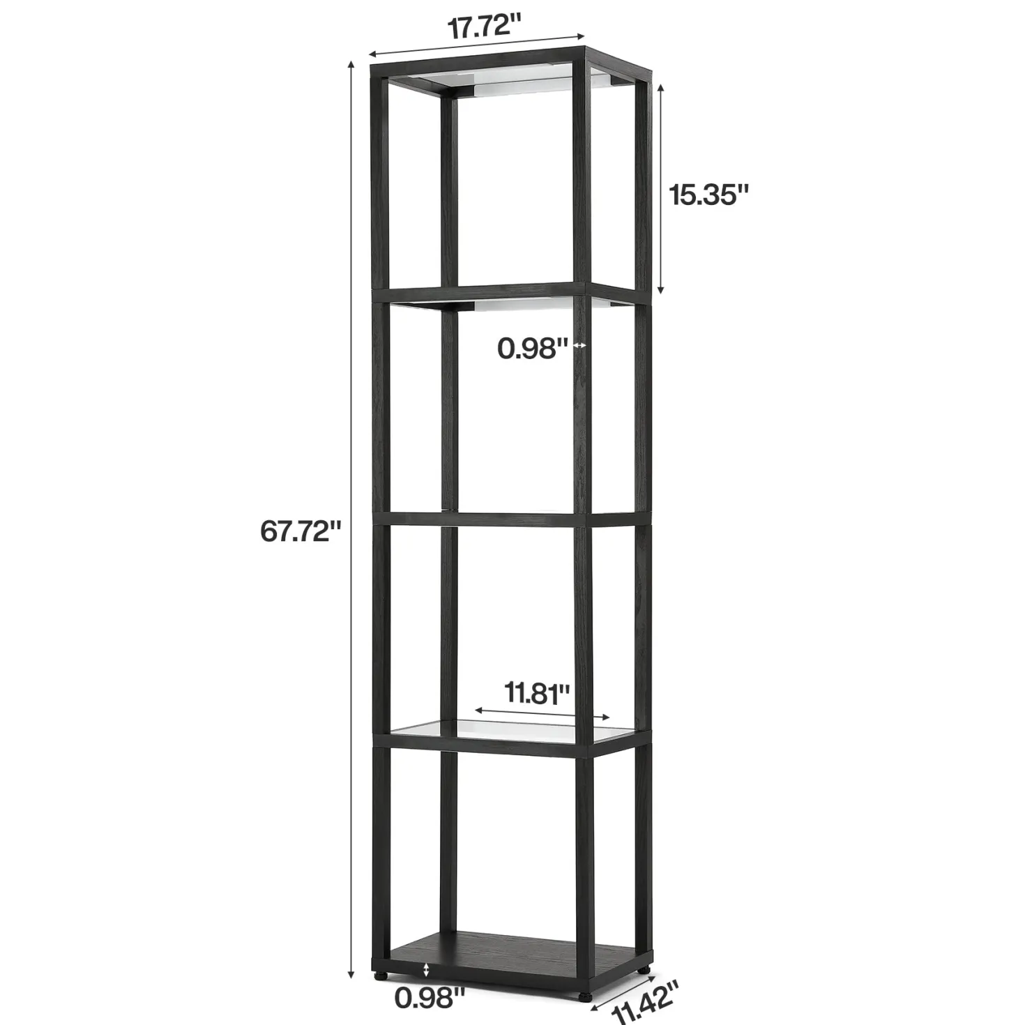 LED Floor Lamp, 4-Tier Bookshelf with Glass Shelves & Light