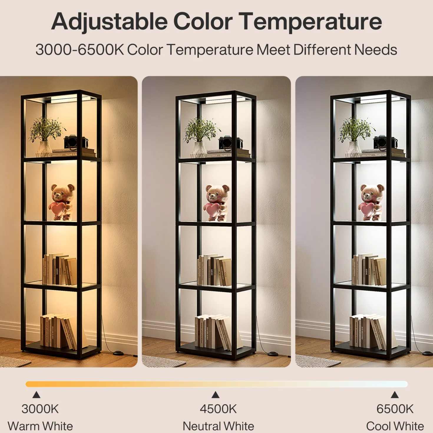 LED Floor Lamp, 4-Tier Bookshelf with Glass Shelves & Light