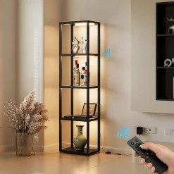 LED Floor Lamp, 4-Tier Bookshelf with Glass Shelves & Light