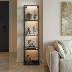 LED Floor Lamp, 4-Tier Bookshelf with Glass Shelves & Light