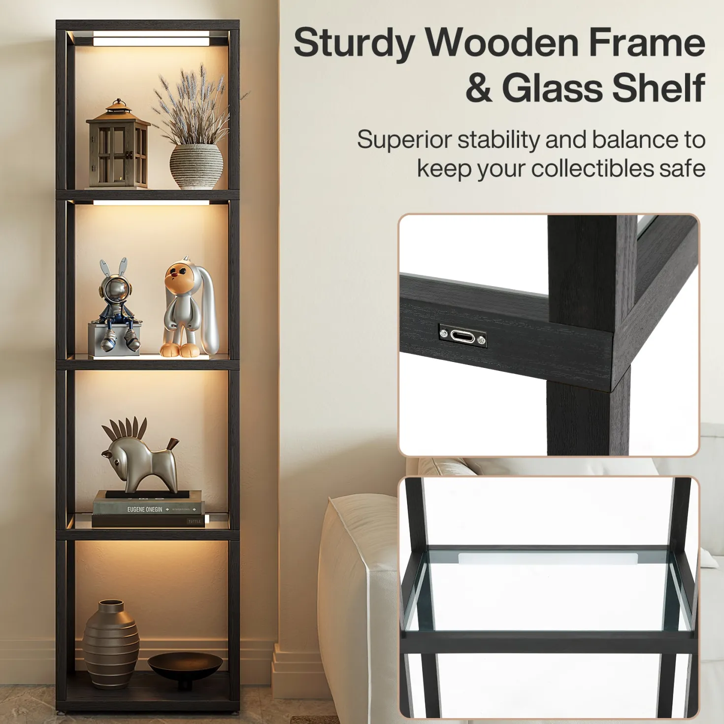LED Floor Lamp, 4-Tier Bookshelf with Glass Shelves & Light