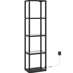 LED Floor Lamp, 4-Tier Bookshelf with Glass Shelves & Light