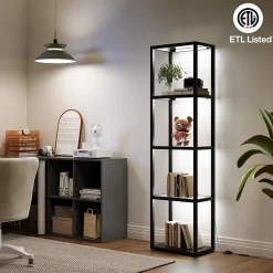 LED Floor Lamp, 4-Tier Bookshelf with Glass Shelves & Light