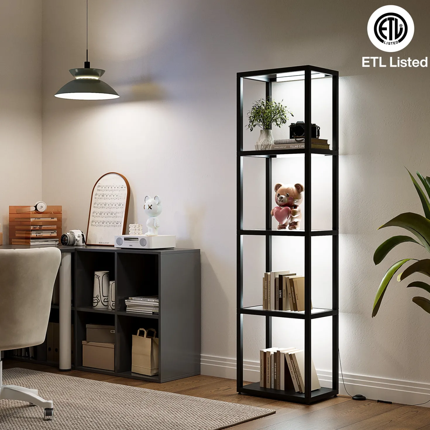 LED Floor Lamp, 4-Tier Bookshelf with Glass Shelves & Light