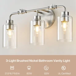 3-Light Bathroom Light Fixture, Modern Vanity Light with Clear Glass Shades