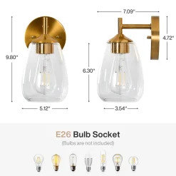 1-Light Bathroom Light Fixtures, Modern Vanity Wall Lights with Clear Glass Shades(Set of 2)