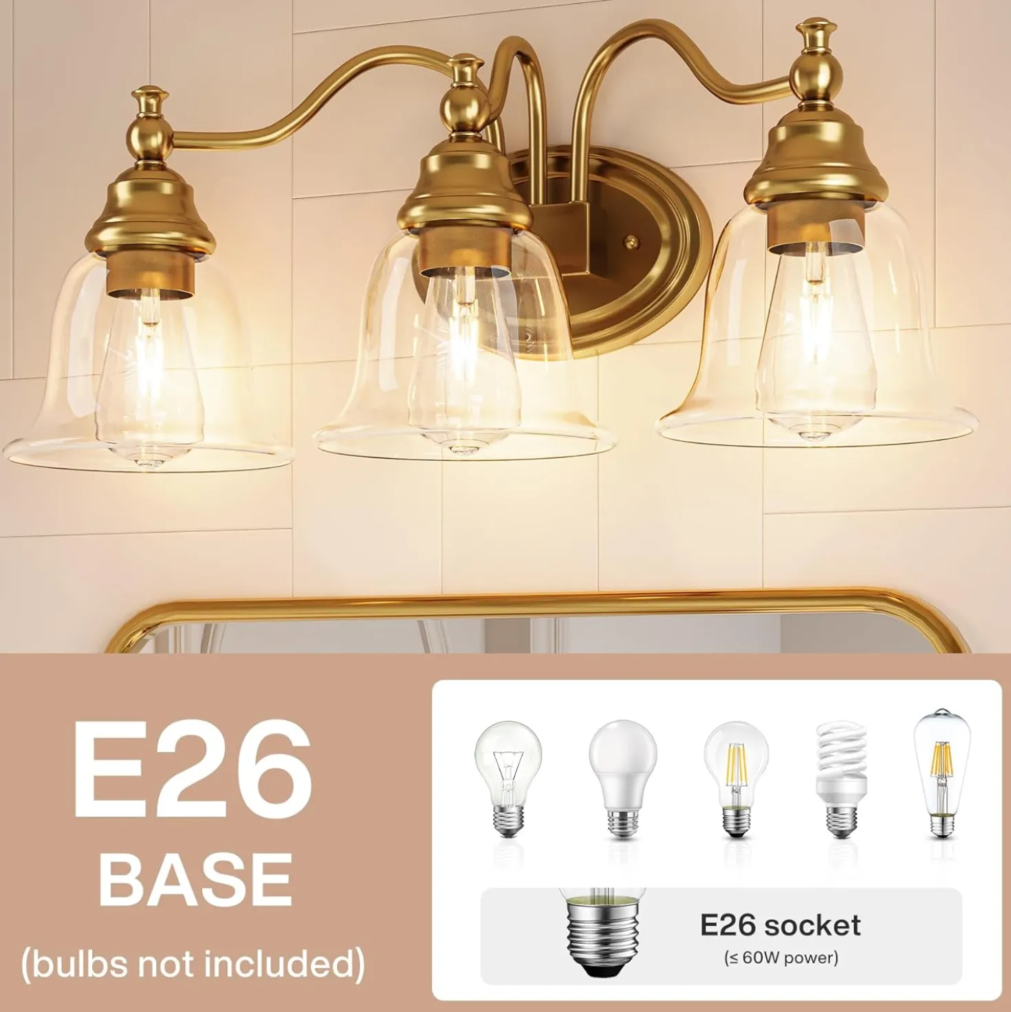 3-Light Bathroom Light Fixtures, Modern Wall Lights with Clear Glass Shade