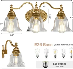 3-Light Bathroom Light Fixtures, Modern Wall Lights with Clear Glass Shade