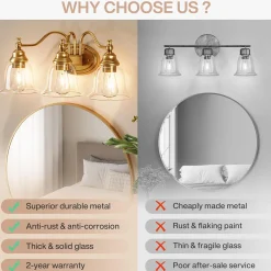 3-Light Bathroom Light Fixtures, Modern Wall Lights with Clear Glass Shade