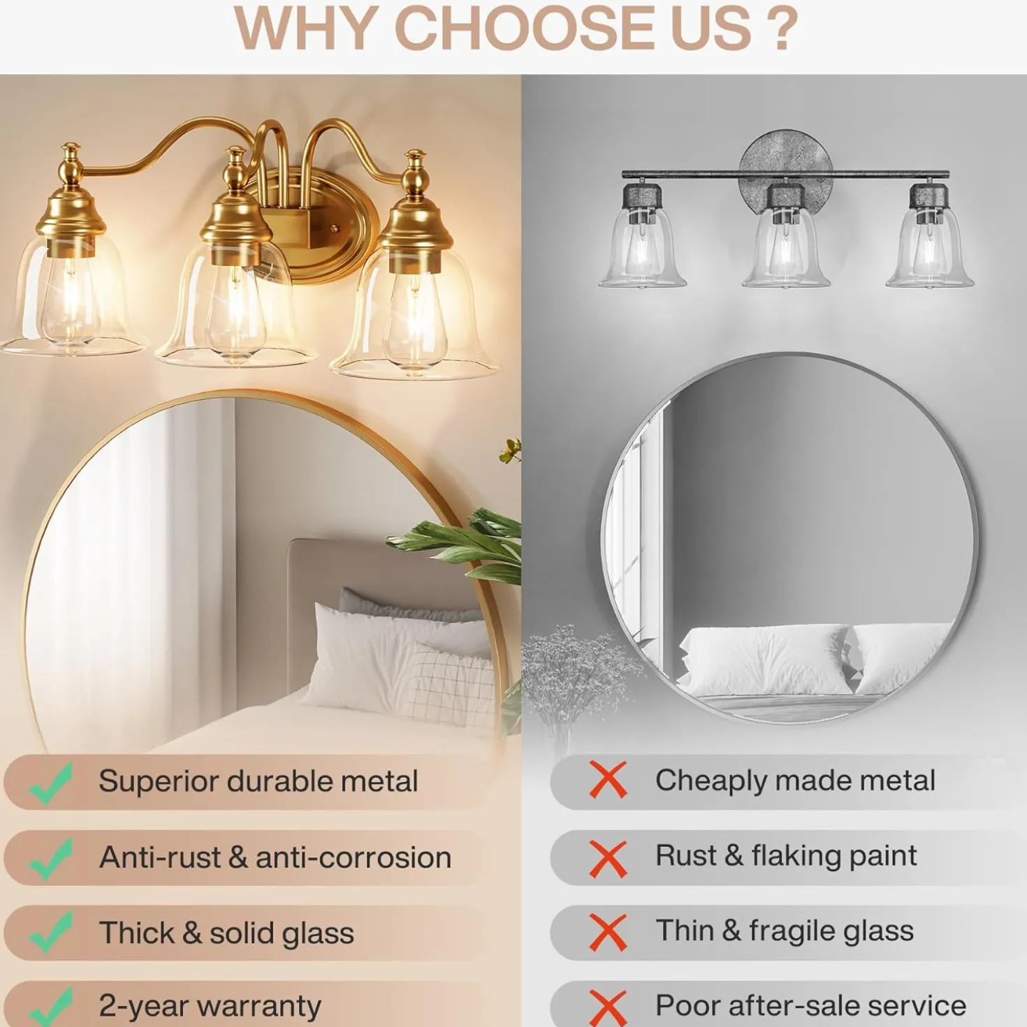 3-Light Bathroom Light Fixtures, Modern Wall Lights with Clear Glass Shade
