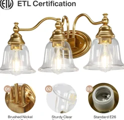 3-Light Bathroom Light Fixtures, Modern Wall Lights with Clear Glass Shade