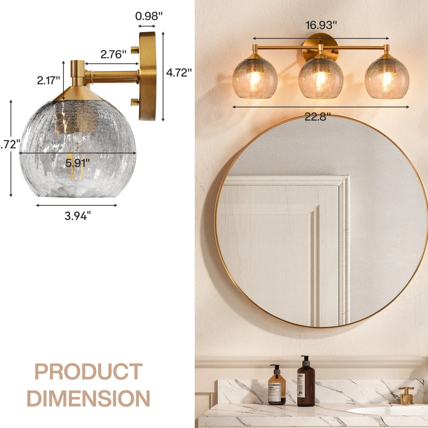 3-Light Bathroom Light Fixtures, Modern Wall Sconce Vanity Light with Grey Glass Shade (Bulbs Not Included)