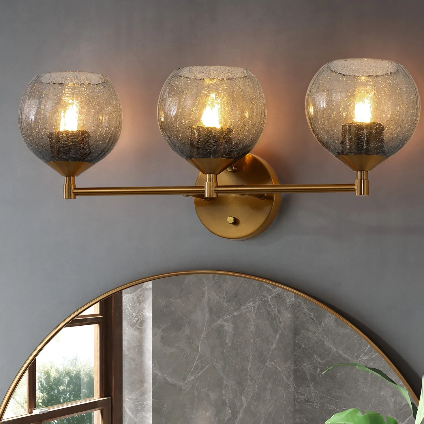 3-Light Bathroom Light Fixtures, Modern Wall Sconce Vanity Light with Grey Glass Shade (Bulbs Not Included)