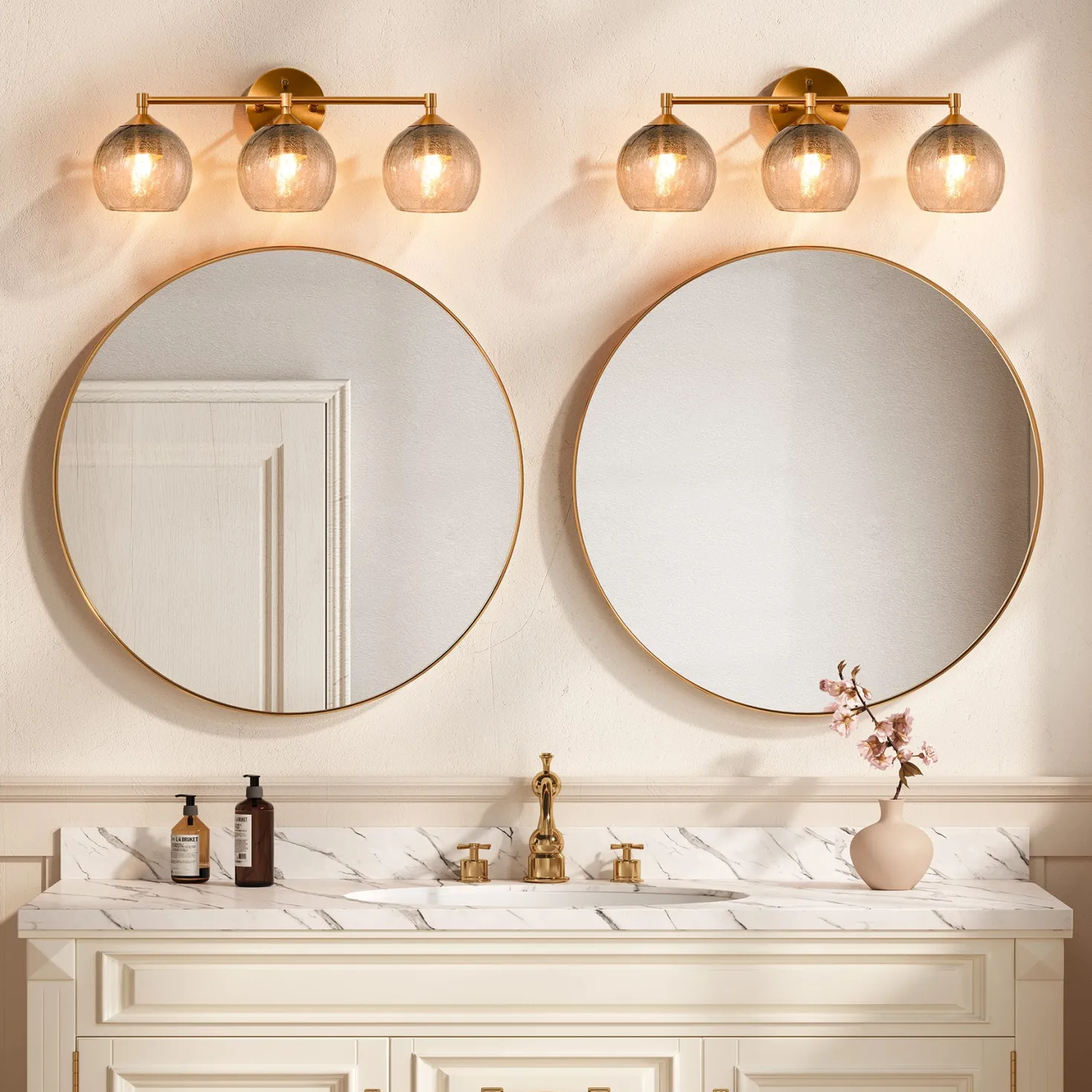 3-Light Bathroom Light Fixtures, Modern Wall Sconce Vanity Light with Grey Glass Shade (Bulbs Not Included)