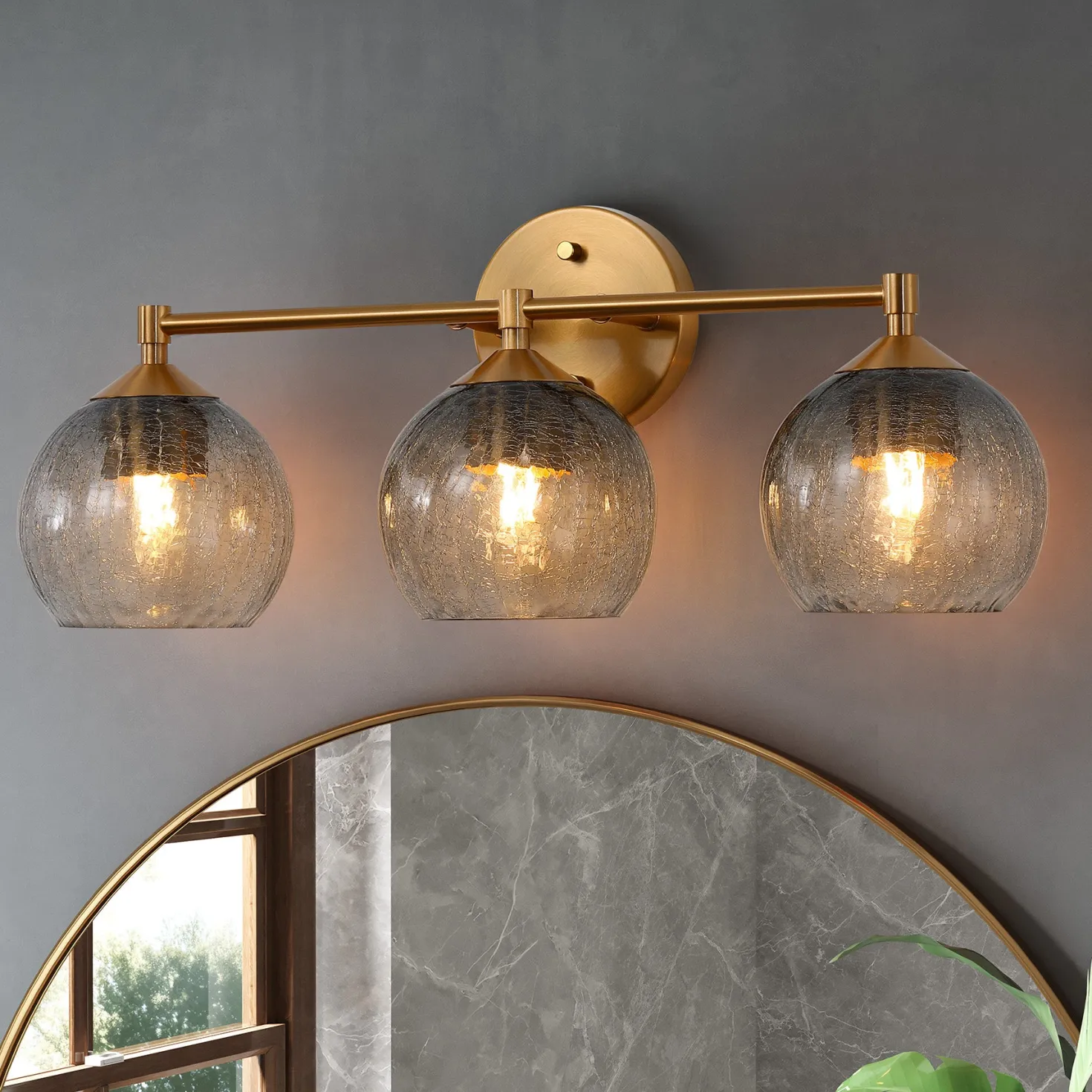 3-Light Bathroom Light Fixtures, Modern Wall Sconce Vanity Light with Grey Glass Shade (Bulbs Not Included)