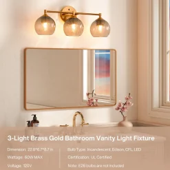 3-Light Bathroom Light Fixtures, Modern Wall Sconce Vanity Light with Grey Glass Shade (Bulbs Not Included)