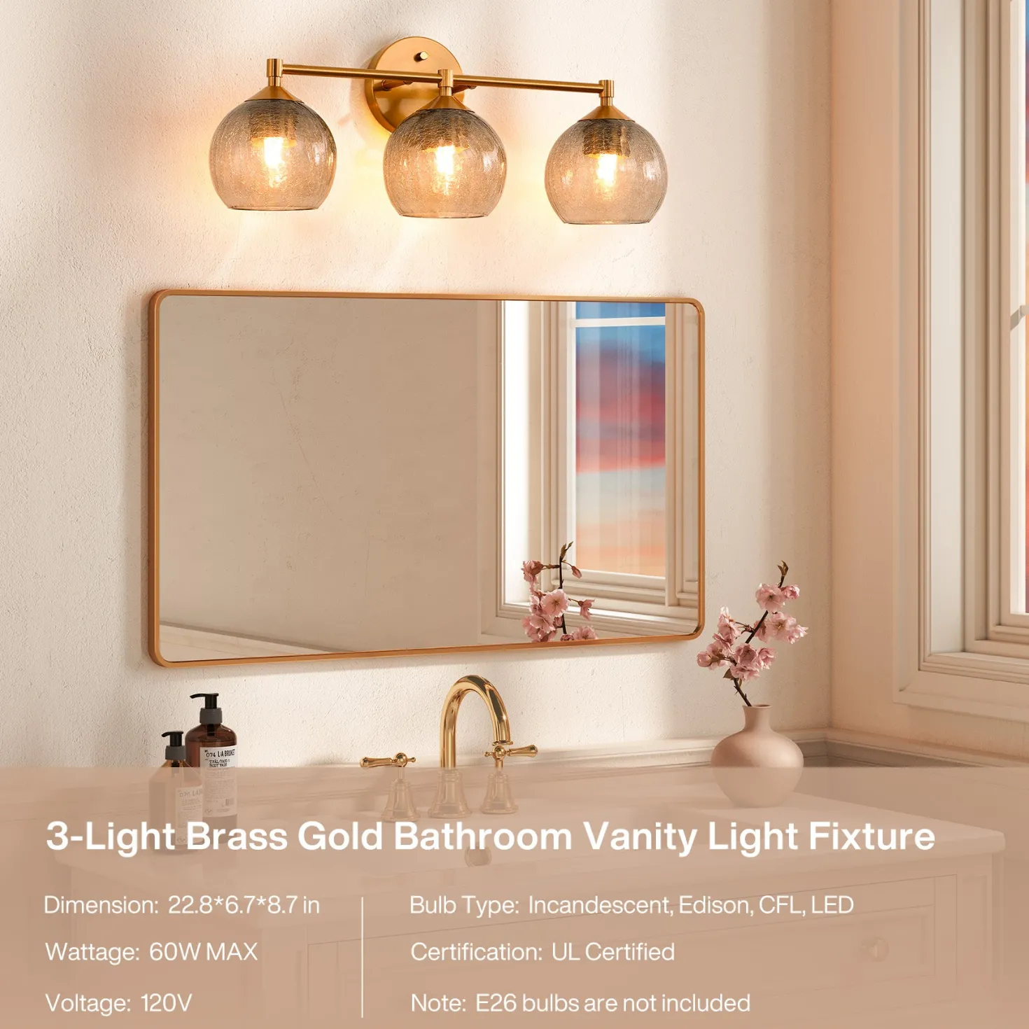 3-Light Bathroom Light Fixtures, Modern Wall Sconce Vanity Light with Grey Glass Shade (Bulbs Not Included)