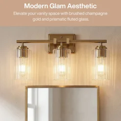 3-Light Bathroom Lighting, Adjustable Vanity Wall Sconce with Ribbed Glass Shades
