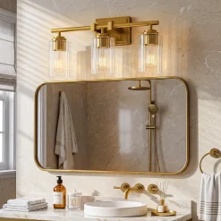 3-Light Bathroom Lighting, Adjustable Vanity Wall Sconce with Ribbed Glass Shades