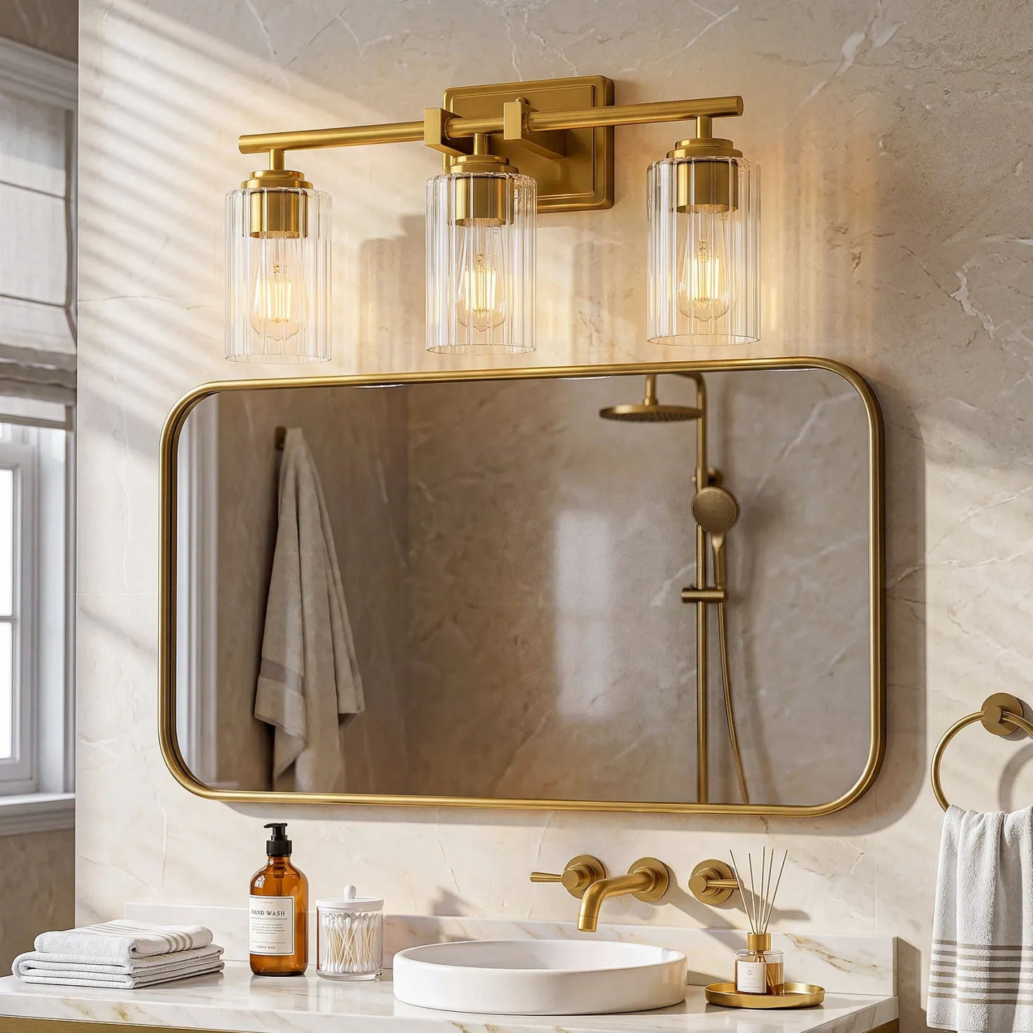 3-Light Bathroom Lighting, Adjustable Vanity Wall Sconce with Ribbed Glass Shades