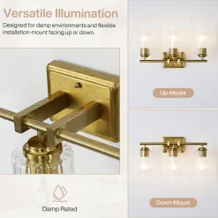 3-Light Bathroom Lighting, Adjustable Vanity Wall Sconce with Ribbed Glass Shades