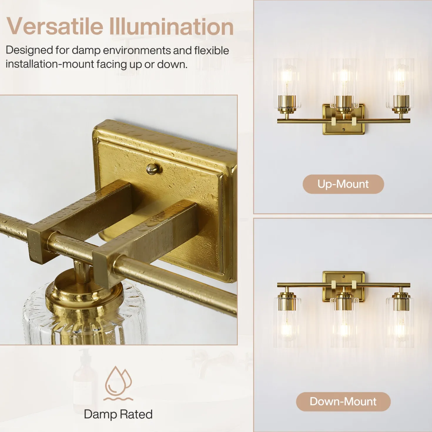 3-Light Bathroom Lighting, Adjustable Vanity Wall Sconce with Ribbed Glass Shades
